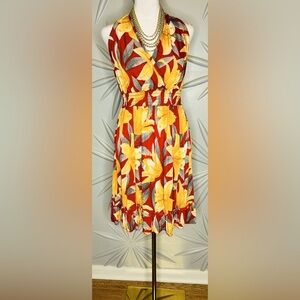 WUHOU SZ L/XL NWT red, yellow & gray halter style midi dress bust 26”-42”